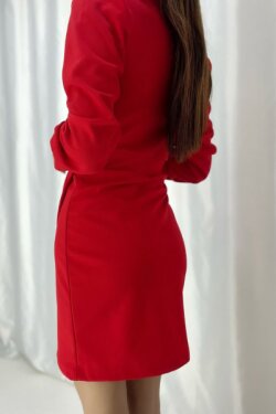 Kırmızı Krep Kumaş Uzun Kollu Katlamalı Mini Elbise