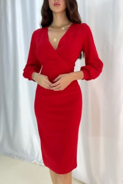 Kırmızı Krep Kumaş Uzun Kollu Kruvaze Yaka Midi Elbise
