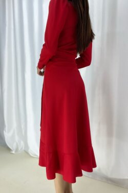 Kırmızı Krep Kumaş Uzun Kollu Kuşaklı Midi Elbise