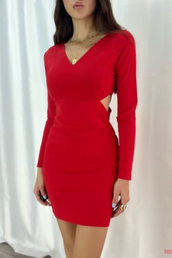 Kırmızı Uzun Kollu Bel Dekolteli İthal Krep Kumaş Mini Elbise