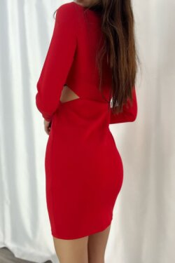 Kırmızı Uzun Kollu Bel Dekolteli İthal Krep Kumaş Mini Elbise