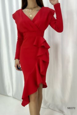 Kırmızı Uzun Kollu Scuba Kumaş Volanlı Midi Elbise