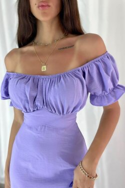 Lila Madonna Yaka Ayrobin Uzun Elbise