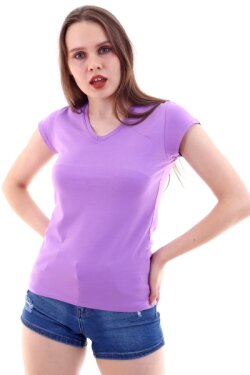 Lila V Yaka Basic Tişört