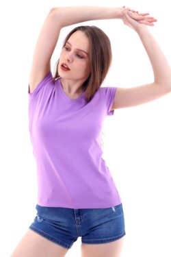 Lila V Yaka Basic Tişört