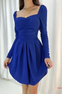 Mavi Krep Kumaş Büzgü Detay Uzun Kare Yaka Kollu Mini Elbise