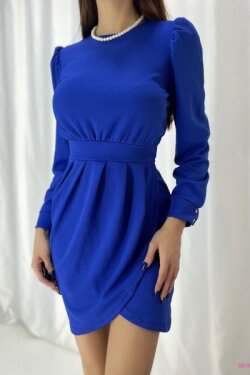 Mavi Krep Kumaş Uzun Kollu Katlamalı Mini Elbise