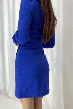 Mavi Krep Kumaş Uzun Kollu Katlamalı Mini Elbise