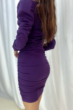 Mor Prenses Kol Detay Uzun Kollu Drapeli Mini Elbise