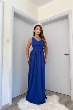Saks Mavisi Krep Kumaş Tek Omuzlu Yarım Kalp Yaka Uzun Abiye Elbise