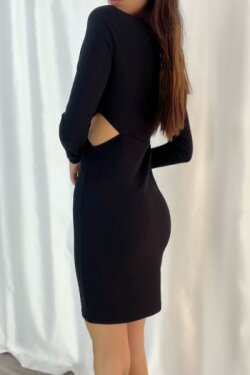 Siyah İthal Krep Kumaş Uzun Kollu Bel Dekolteli Mini Elbise