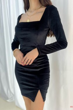 Siyah Kadife Kumaş Yırtmaç Detaylı Uzun Kollu Mini Elbise