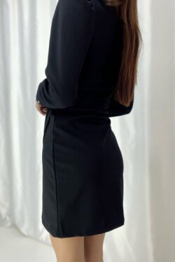 Siyah Krep Kumaş Uzun Kollu Katlamalı Mini Elbise