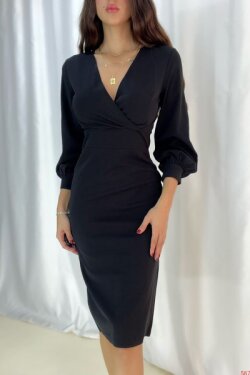 Siyah Krep Kumaş Uzun Kollu Kruvaze Yaka Midi Elbise
