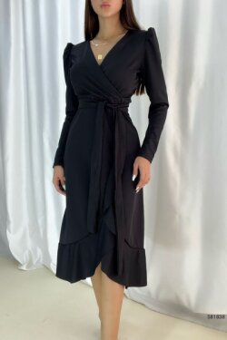 Siyah Krep Kumaş Uzun Kollu Kuşaklı Midi Elbise