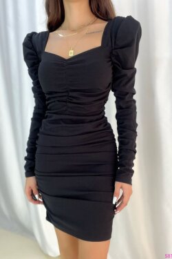 Siyah Prenses Kol Detay Uzun Kollu Drapeli Mini Elbise