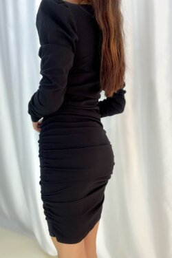 Siyah Prenses Kol Detay Uzun Kollu Drapeli Mini Elbise
