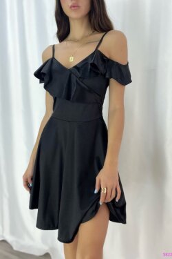 Siyah Saten Kumaş İnce Askılı Omuz Fırfırlı Mini Abiye Elbise