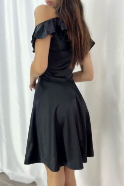 Siyah Saten Kumaş İnce Askılı Omuz Fırfırlı Mini Abiye Elbise