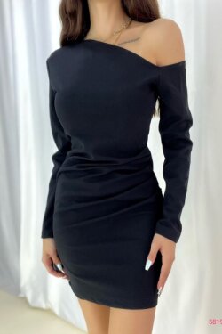 Siyah Tek Omuzlu Açık Detay İthal Krep Kumaş Uzun Kollu Mini Elbise