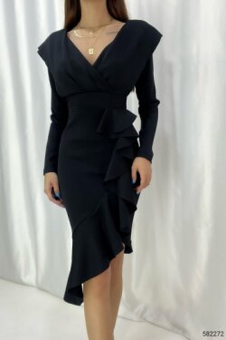 Siyah Uzun Kollu Scuba Kumaş Volanlı Midi Elbise