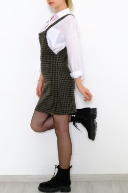 Askılı Haki Desenli Salopet Mini Elbise
