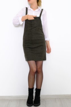 Askılı Haki Desenli Salopet Mini Elbise