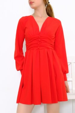 Kırmızı Ön Düğmeli Mini Elbise