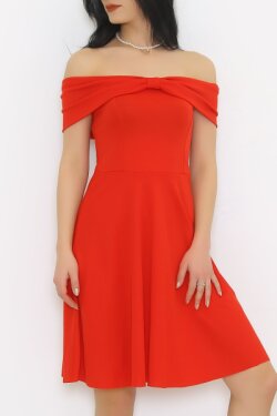Kırmızı Yaka Fiyonklu Midi Elbise
