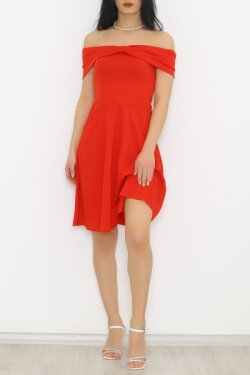 Kırmızı Yaka Fiyonklu Midi Elbise