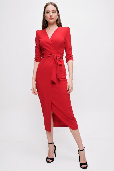 K�ırmızı Kruvaze Yaka Midi Elbise