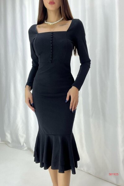 Siyah Düğme Detay Balık Model Midi Boy Uzun Kollu Elbise
