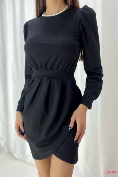 Siyah Krep Kumaş Uzun Kollu Katlamalı Mini Elbise