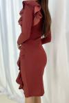 Kiremit Rengi Kruvaze Yaka Fırfır Detay Uzun Kollu Krep Kumaş Midi Elbise