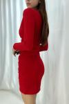 Kırmızı Asimetrik Kesim Kruvaze Yaka Uzun Kollu Mini Elbise