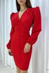 Kırmızı Düğme Detay Vatkalı Uzun Kollu Krep Kumaş Mini Elbise