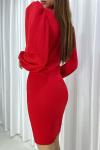 Kırmızı Düğme Detay Vatkalı Uzun Kollu Krep Kumaş Mini Elbise