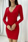Kırmızı Krep Kumaş Kruvaze Yaka Uzun Kollu Mini Elbise