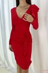Kırmızı Kruvaze Yaka Fırfır Detay Uzun Kollu Krep Kumaş Midi Elbise