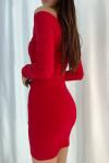 Kırmızı Kruvaze Yaka Uzun Kollu İthal Krep Kumaş Mini Elbise