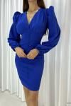 Mavi Düğme Detay Vatkalı Uzun Kollu Krep Kumaş Mini Elbise