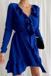 Mavi Önü Fırfırlı Ve Volanlı Kuşaklı Mini Elbise