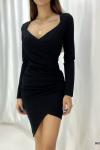 Siyah Asimetrik Kesim Kruvaze Yaka Uzun Kollu Mini Elbise