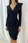 Siyah Kruvaze Yaka Fırfır Detay Uzun Kollu Krep Kumaş Mini Elbise