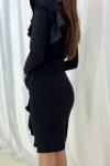 Siyah Kruvaze Yaka Fırfır Detay Uzun Kollu Krep Kumaş Mini Elbise