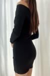 Siyah Kruvaze Yaka Uzun Kollu İthal Krep Kumaş Mini Elbise