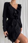 Siyah Önü Fırfırlı Ve Volanlı Kuşaklı Mini Elbise