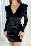 Siyah Uzun Kollu Kadife Mini Elbise