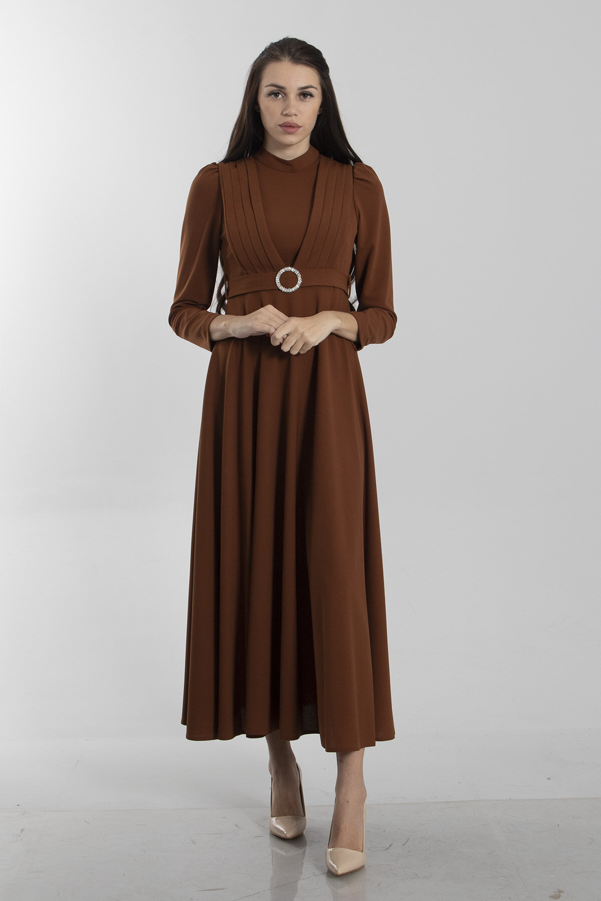 Ardanewline Kahve Uzun Kol Drape Detaylı Kloş Elbise