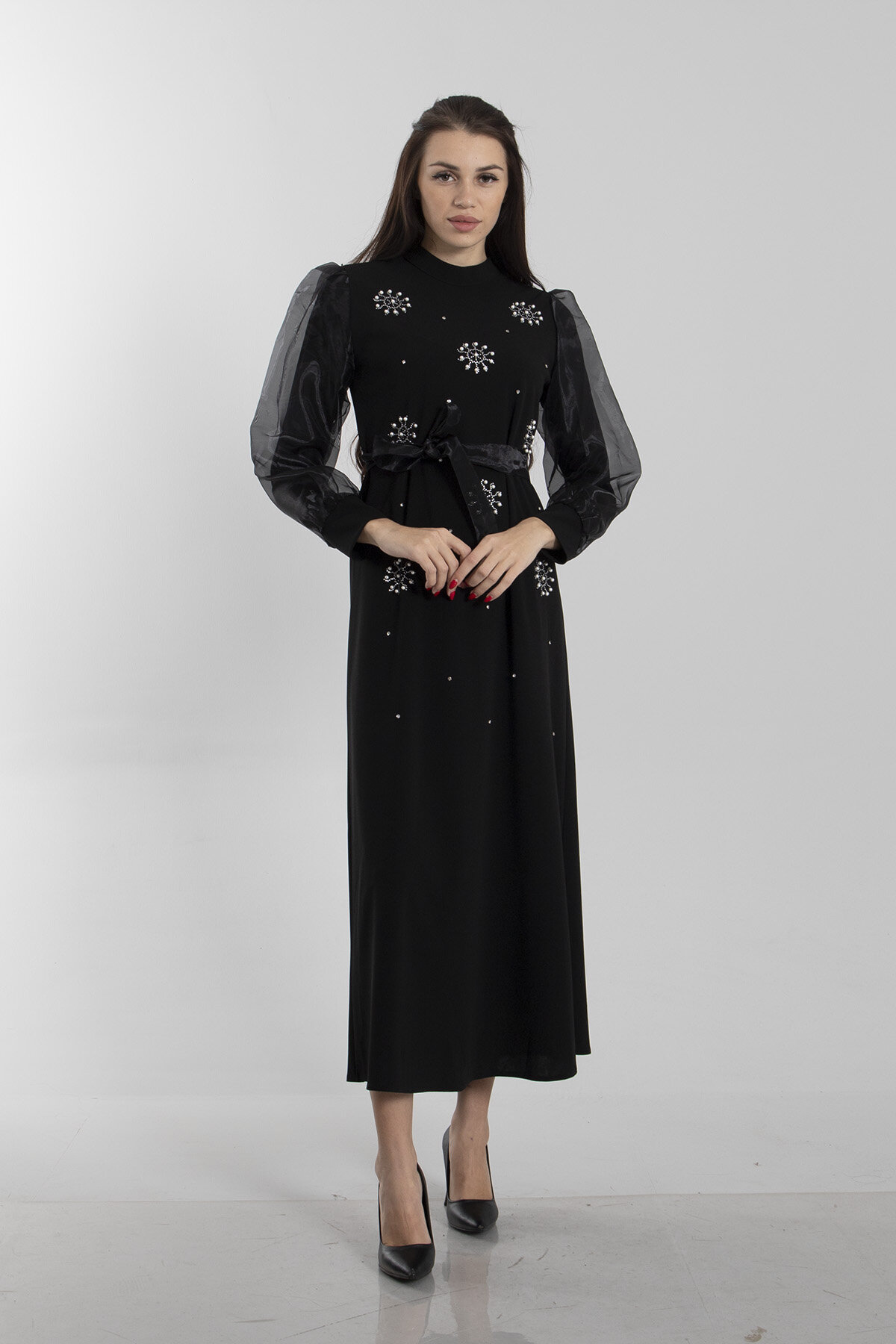 Ardanewline Siyah Uzun Kol İnci Ve Taş Detaylı Abiye Elbise